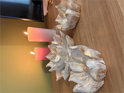 3lü Dekoratif Lotus Çiçeği Kase / Şamdan & Mumluk Seti – Beyaz & Altın Yaldız Eskitme   