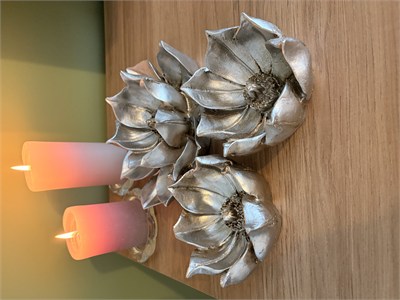 3lü Dekoratif Lotus Çiçeği Kase / Şamdan & Mumluk Seti – Gümüş / Şampanya Eskitme   
