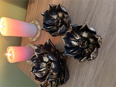 3lü Dekoratif Lotus Çiçeği Kase / Şamdan & Mumluk Seti – Siyah & Altın Yaldız Eskitme   