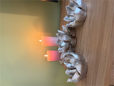 3lü Dekoratif Lotus Çiçeği Kase / Şamdan & Mumluk Seti – Gümüş / Şampanya Eskitme   