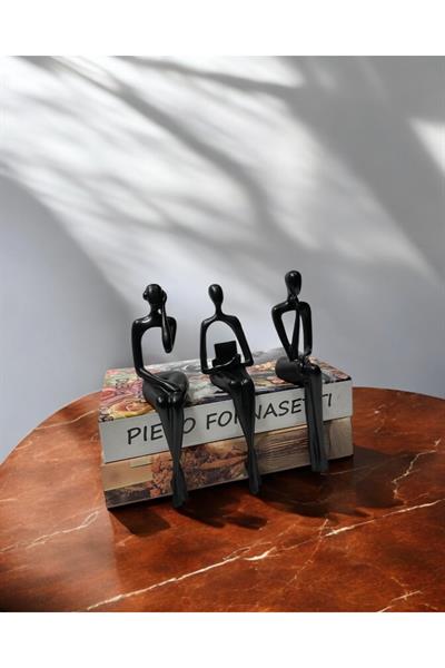 3lü Oturan İnsan Dekoratif Polyester Obje Siyah