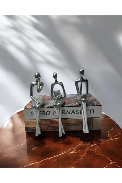 3lü Oturan İnsan Dekoratif Polyester Obje Gümüş