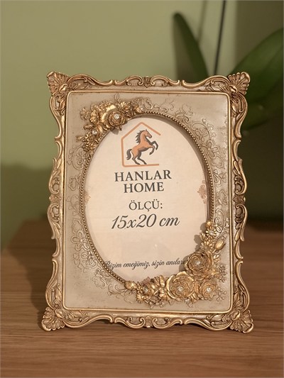 Güllü Barok Dikdörtgen Fotoğraf Çerçevesi – Vizon & Eskitme Altın (15x20 cm)