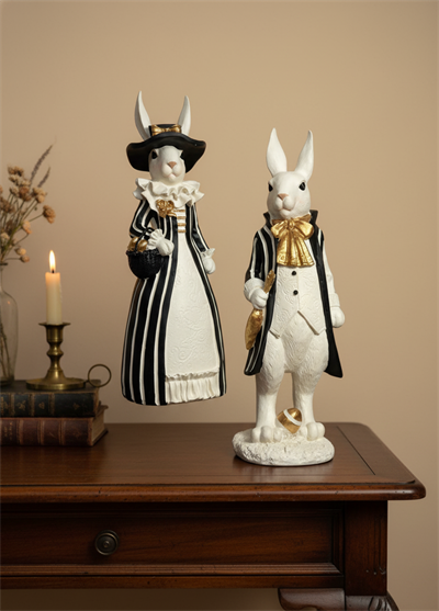 Çift Tavşan Figürü - Romantik Dekor (22x37x10)