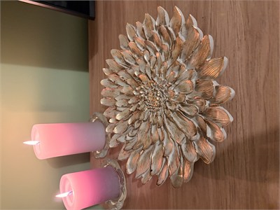 Dekoratif Çiçek Tabak / Sunumluk – Vizon & Altın Yaldız Eskitme (28 cm)   