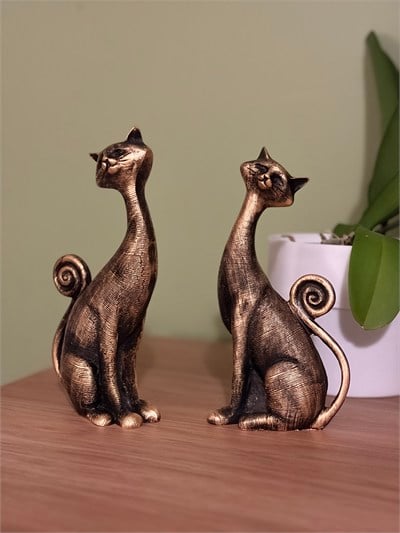 2li Kedi Dekoratif Biblo Seti – Siyah & Eskitme Altın Yaldız 21x11