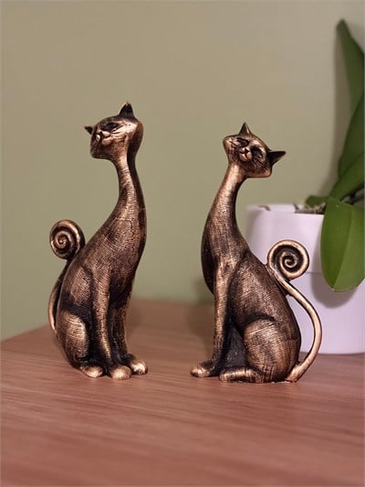 2li Kedi Dekoratif Biblo Seti – Siyah & Eskitme Altın Yaldız 21x11