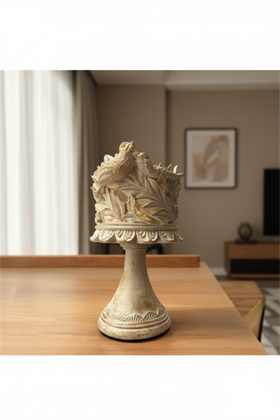 Dekoratif Polyester Kuşlu Ayaklı Şamdan Mumluk Krem Eskitme 23X11X10 cm