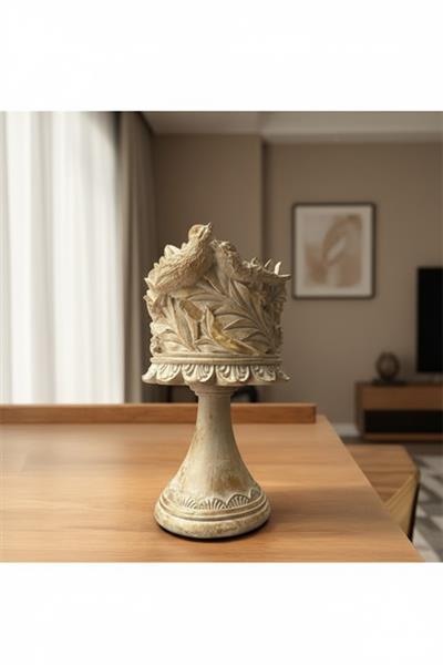Dekoratif Polyester Kuşlu Ayaklı Şamdan Mumluk Krem Eskitme 23X11X10 cm