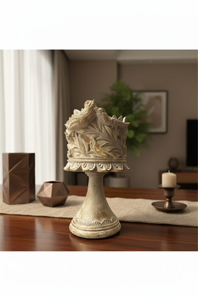 Dekoratif Polyester Kuşlu Ayaklı Şamdan Mumluk Krem Eskitme 23X11X10 cm