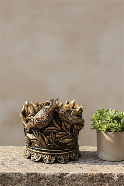 Dekoratif Polyester Kuşlu Şamdan Mumluk Gold Eskitme 11X11X10 cm