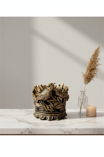 Dekoratif Polyester Kuşlu Şamdan Mumluk Gold Eskitme 11X11X10 cm