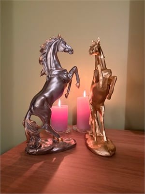 2li Şahlanan At Dekoratif Heykeli / Biblo Seti – Antrasit & Altın Yaldızlı (35x24 cm)