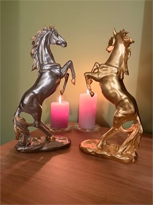2li Şahlanan At Dekoratif Heykeli / Biblo Seti – Antrasit & Altın Yaldızlı (35x24 cm)
