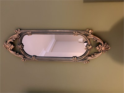 Kısa Oval Dekoratif Duvar Aynası – Haki Yeşil & Eskitme Altın Yaldız (60x20 cm)