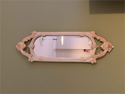 Kısa Oval Dekoratif Duvar Aynası – Krem & Eskitme Altın Yaldızlı (60x20 cm)