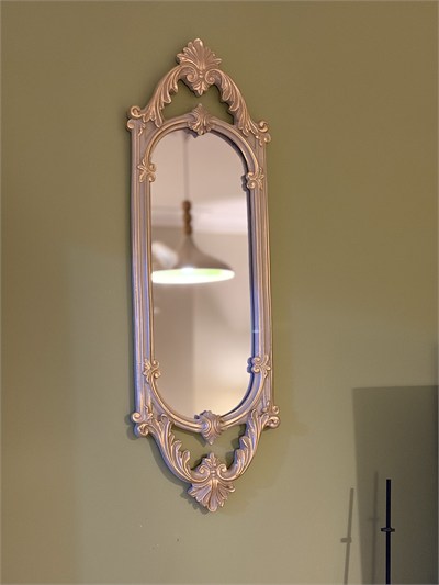 Kısa Oval Dekoratif Duvar Aynası – Vizon & Eskitme Altın Varaklı (60x20 cm)