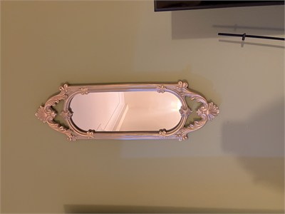 Kısa Oval Dekoratif Duvar Aynası – Vizon & Eskitme Altın Varaklı (60x20 cm)