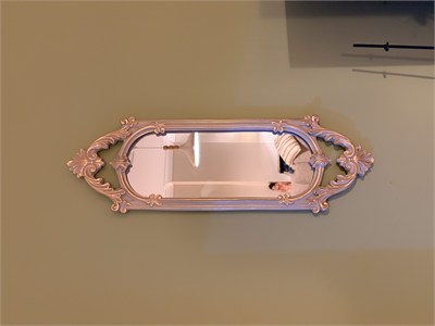 Kısa Oval Dekoratif Duvar Aynası – Vizon & Eskitme Altın Varaklı (60x20 cm)