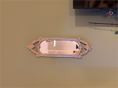 Kısa Oval Dekoratif Duvar Aynası – Vizon & Eskitme Altın Varaklı (60x20 cm)