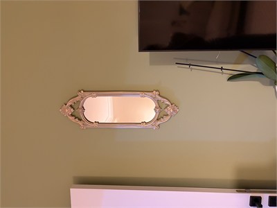 Kısa Oval Dekoratif Duvar Aynası – Vizon & Eskitme Altın Varaklı (60x20 cm)