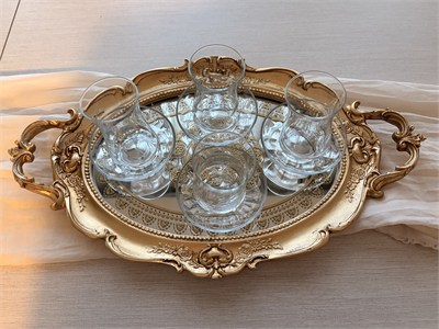 Oval Aynalı Kulplu Dekoratif Tepsi / Sunumluk – Altın Varak / Eskitme Altın Yaldızlı