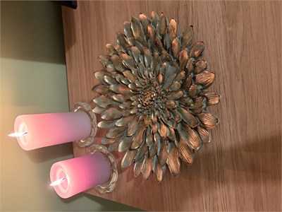 Dekoratif Çiçek Tabak / Sunumluk – Haki & Altın Yaldız Eskitme (28 cm)