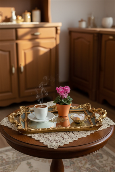 Şık Hediyelik Oymalı Sunum Aynalı Klasik Tepsi