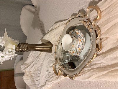 Küçük Oval Aynalı Kulplu Dekoratif Tepsi – Vizon & Altın Varaklı (37x21 cm)