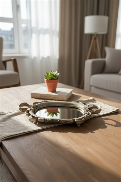 Şık Klasik Oval Aynalı Hediyelik Nişan Sunum Tepsisi