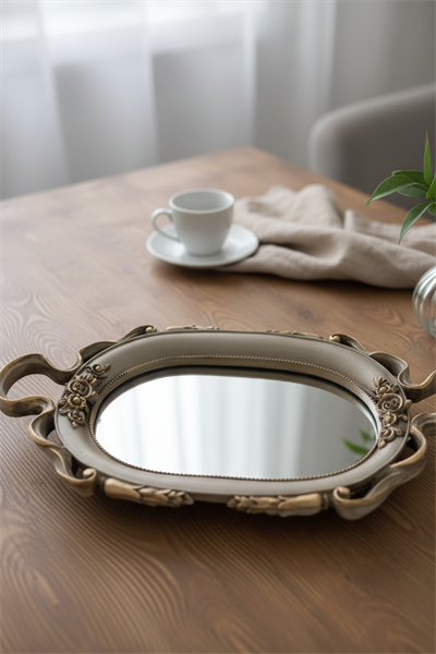 Şık Klasik Oval Aynalı Hediyelik Nişan Sunum Tepsisi