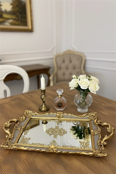 Şık Klasik Oymalı Aynalı Hediyelik Nişan Sunum Tepsisi