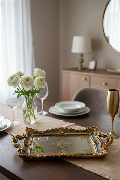 Şık Oymalı Aynalı Klasik Sunum Tepsi