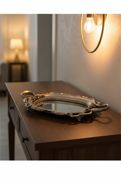 Şık Oymalı Hediyelik Aynalı Klasik Sunum Tepsi