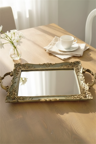 Şık Oymalı Hediyelik Aynalı Klasik Sunum Tepsi