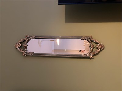 Uzun Oval Dekoratif Duvar Aynası – Haki Yeşil & Eskitme Altın Varaklı (80x20 cm)