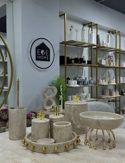 DEKORATİF DOĞAL BEJ MERMER 8 PARÇA GOLD ÇINAR YAPRAĞI BANYO SETİ 