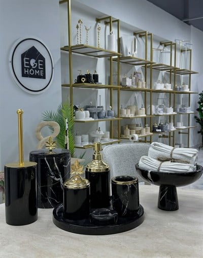 DEKORATİF DOĞAL SİYAH  MERMER 7 PARÇA GOLD ÇINAR YAPRAĞI BANYO SETİ / SİYAH AYAKLI KASE