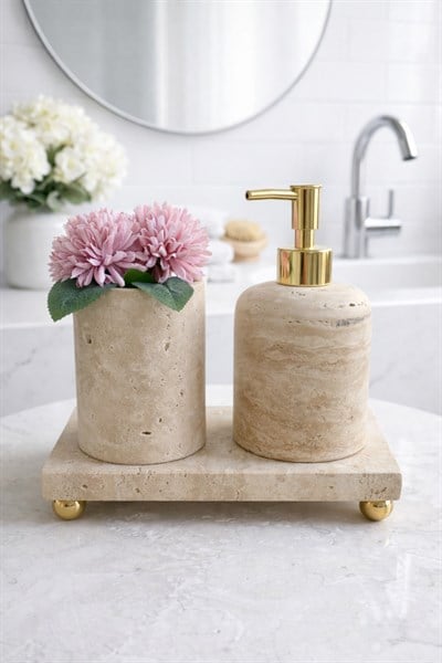 DEKORATİF DOĞAL TRAVERTEN MERMER 3 PARÇA GOLD DETAYLI BANYO SETİ