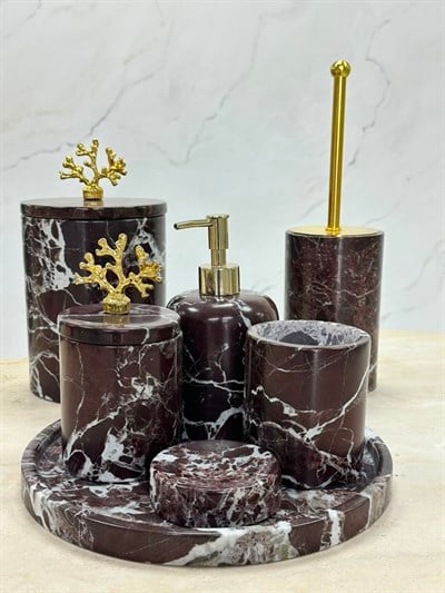 DEKORATİF DOĞAL VİŞNE MERMER 7 PARÇA GOLD MERCAN BANYO SETİ 