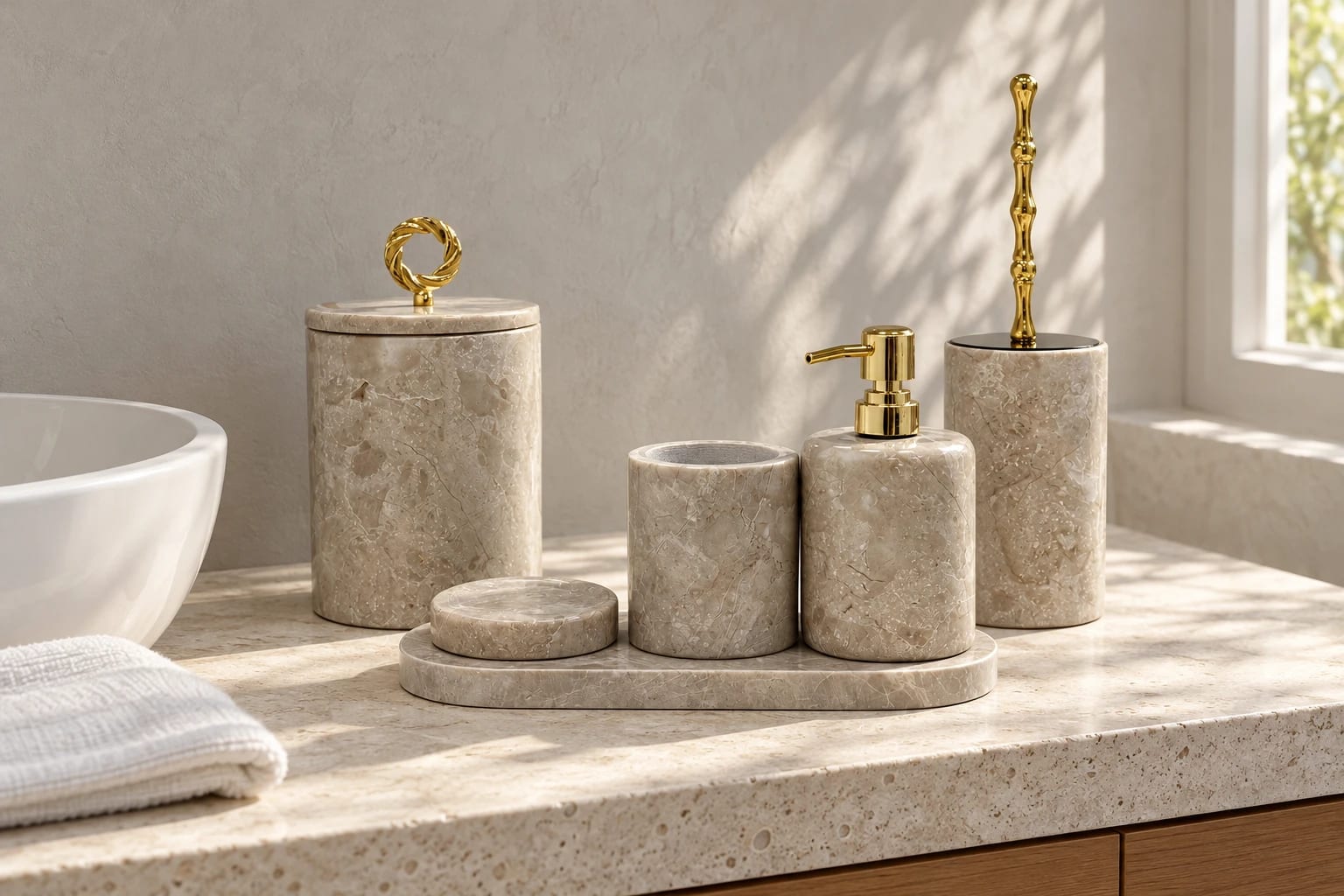 Bej mermer ve gold detaylı Ege Home banyo koleksiyonu