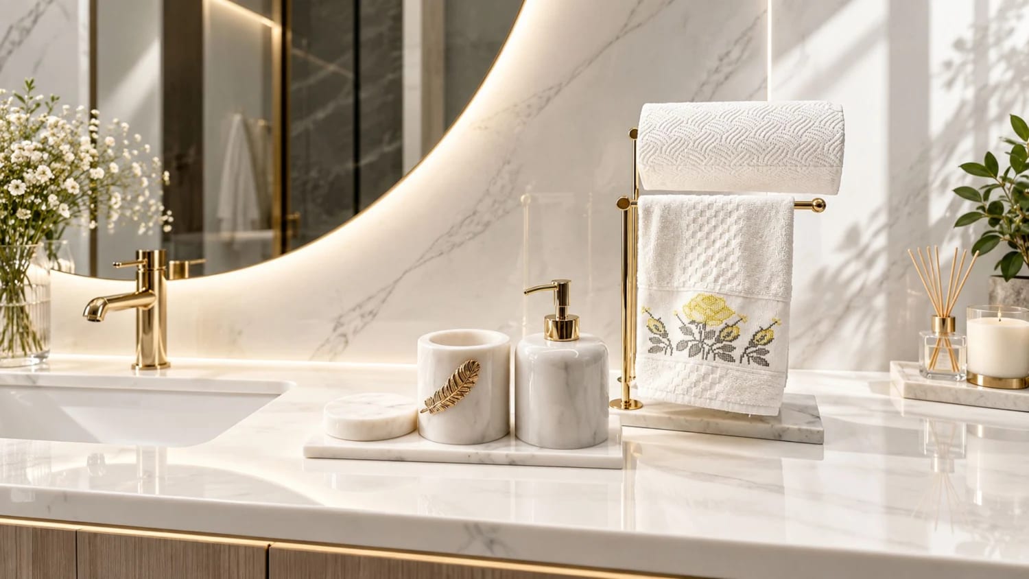 Mermer detaylı havluluk ve banyo aksesuarları