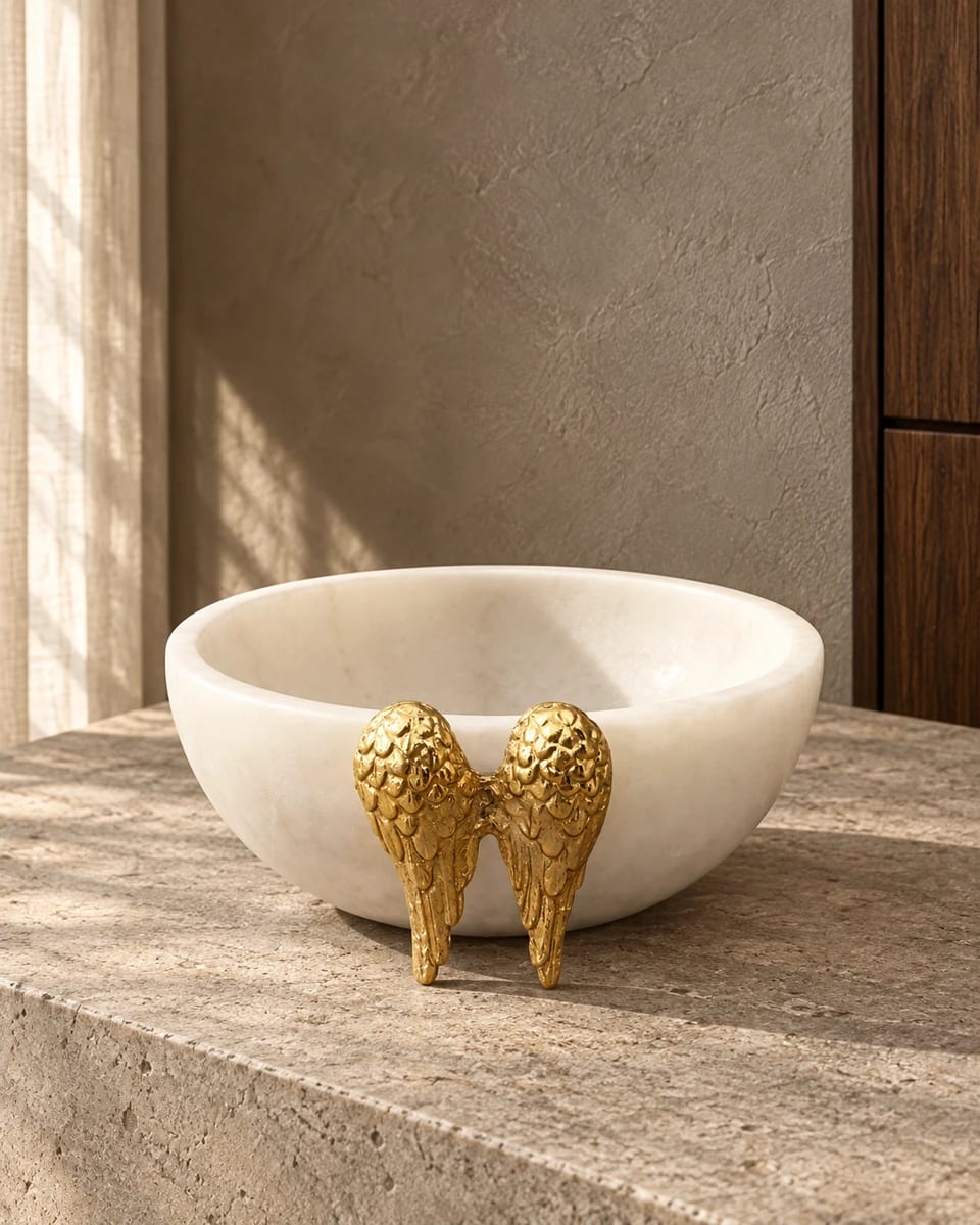 Gold kanat detaylı beyaz mermer Ege Home dekoratif kase