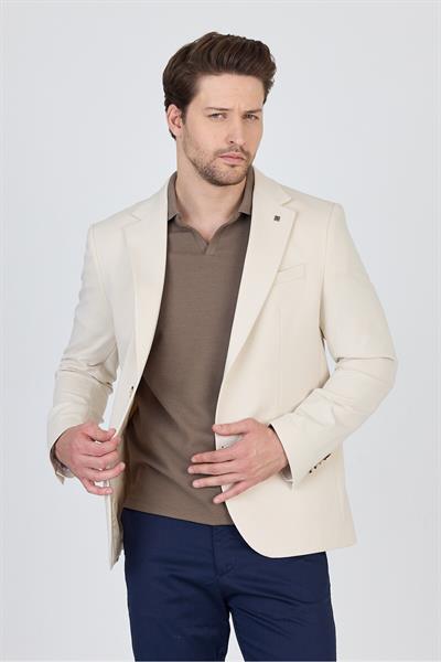 3115 Erkek Açık Bej Esnek Likralı Pamuk Karışımlı Slim Fit İlkbahar-Yaz Spor Blazer Ceket