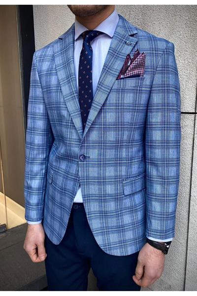 Açık Lacivert Ekose Slim Fit Dar Kesim Erkek Blazer Ceket