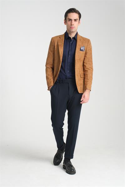 Adelfo Erkek Camel Diagonel Süet Slim Fit Mono Yaka Spor Blazer Ceket