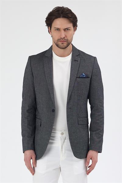 Adelmiro Erkek Siyah Yazlık Mono Yaka Slim Fit Keten Görünümlü Blazer Ceket