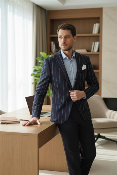 Adora Erkek Lacivert Bordo İtalyan Çizgili Slim Fit Mono Yaka Esneyen Kumaş Blazer Ceket