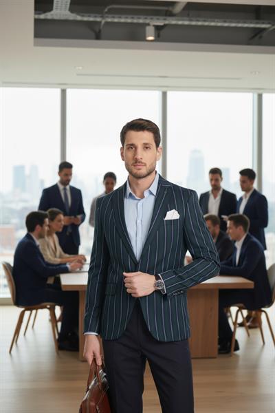Adora Erkek Lacivert Yeşil İtalyan Çizgili Slim Fit Mono Yaka Esneyen Kumaş Blazer Ceket
