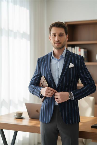Adora Erkek Mavi Siyah İtalyan Çizgili Slim Fit Mono Yaka Esneyen Kumaş Blazer Ceket
